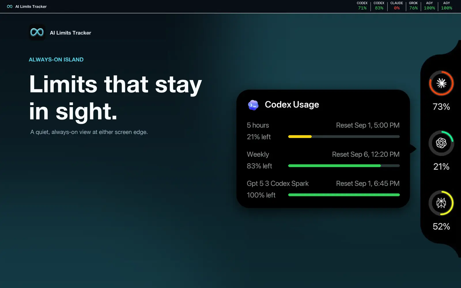 Always-on island at the screen edge showing provider rings, expanded into a Codex detail card.