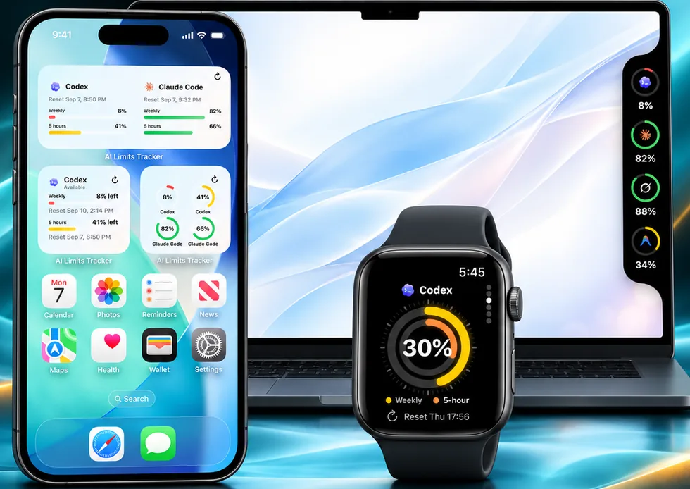 iPhone, Mac, and Apple Watch on a blue silk backdrop — AI Limits Tracker widgets on the iPhone Home Screen, the island rail at the Mac screen edge, and a Codex ring on the watch face.
