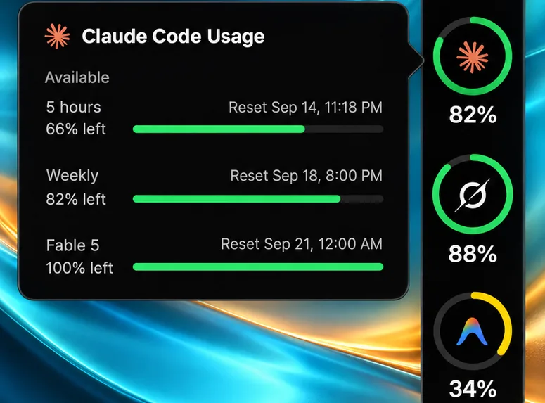 AI Limits Tracker for Mac on a blue silk backdrop — the Claude Code usage panel beside the always-on island rail of provider rings.