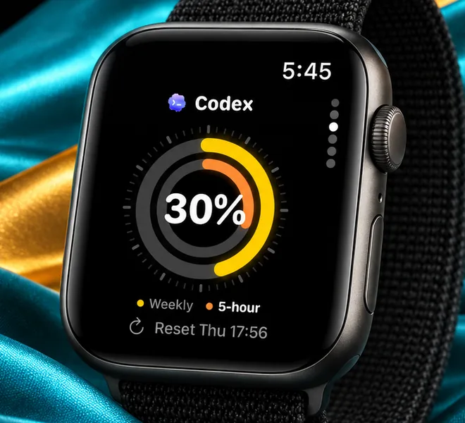Apple Watch on a woven band showing the AI Limits Tracker ring face — Codex at 30 percent with the weekly and 5-hour windows and the reset time.